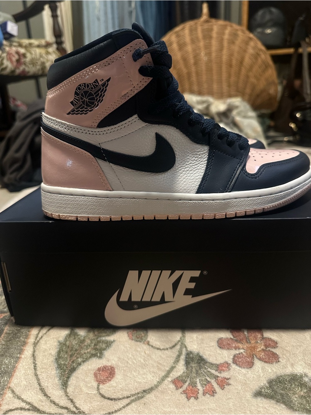 Bubble Gum Jordan 1 Women’s Pink and Black Leather Sneakers